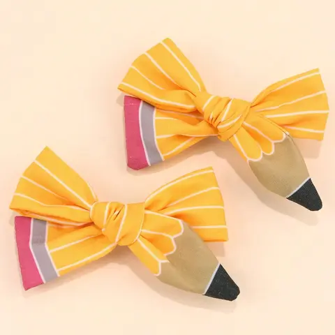 2pcs Back To School Season Pencil Hair Bow Clips,White Line Ponytail Holder Ribbon Grosgrain Bow Alligator Hair Clips,Women Fashion Hair Accessory Hair Clips Cute Decorative Hair Clips Hair Barrettes For First Day Of School Girl Student Cheerleader