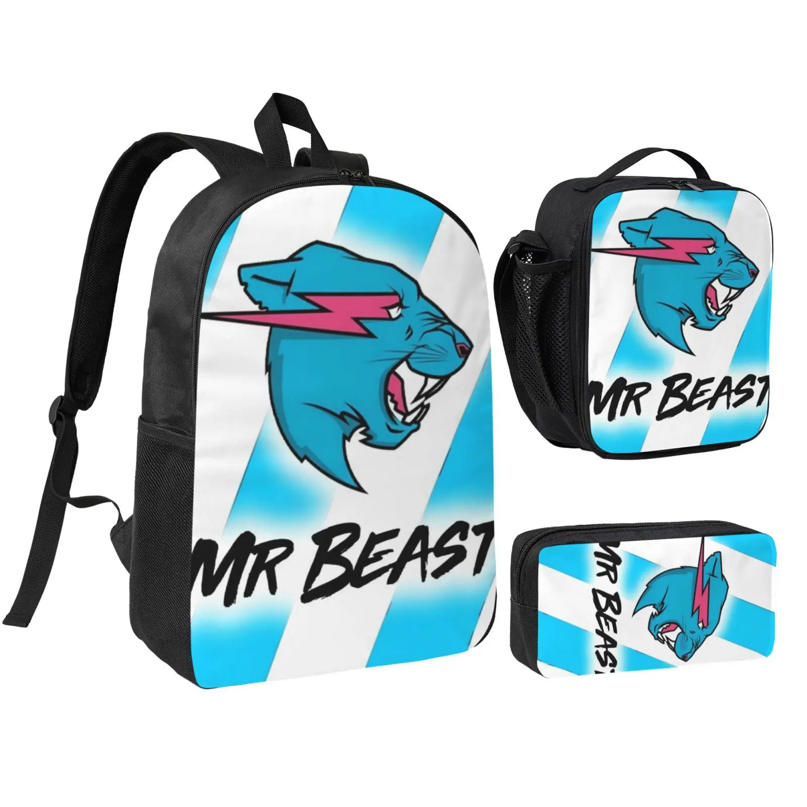 Anime Mr Beast 3Pcs School Backpack Set for Teens Boys Girls, Adjustable Strap Kids Bookbag with Insulated Lunch Bag & Pencil Case, Lightweight Travel Office Daypack, Lunch Box, Foam, Christmas Gifts, Zip