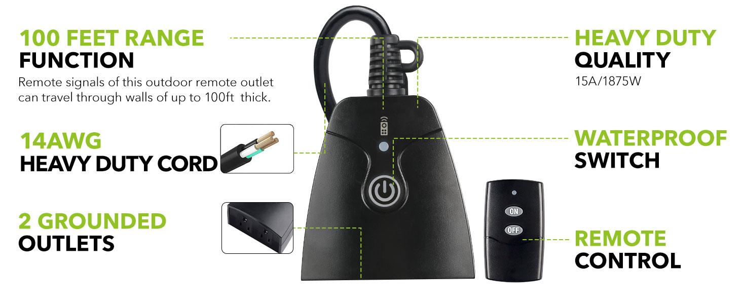 Outdoor Wireless Remote Control Outlet Plug, Weatherproof Heavy Duty Power Strip, Indoor Electrical Plugs For Light Switch, 6-inch Cord, 100ft Range, ETL Listed(15A, Dual 3-Prong Outlets) Outdoor Wireless Remote Control Outlet Plug, Weatherproof Heavy Duty Power Strip, Indoor Electrical Plugs For Light Switch, 6-inch Cord, 100ft Range, ETL Listed(15A, Dual 3-Prong Outlets)