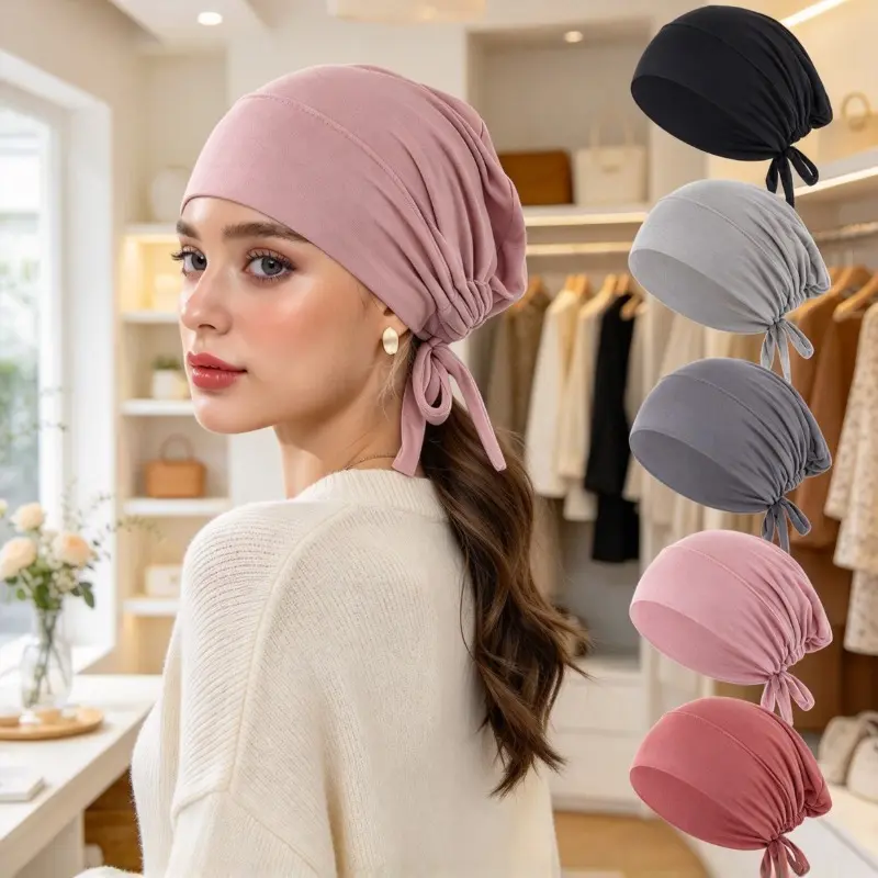 6Pcs Eid & Ramadan Muslim Satin Base Cap, Ultra Soft High Stretch Skin-Friendly Headband Cap, Ideal for Chemo And Postpartum Wear, Multi-Color Daily Prayer Head Wrap Cap