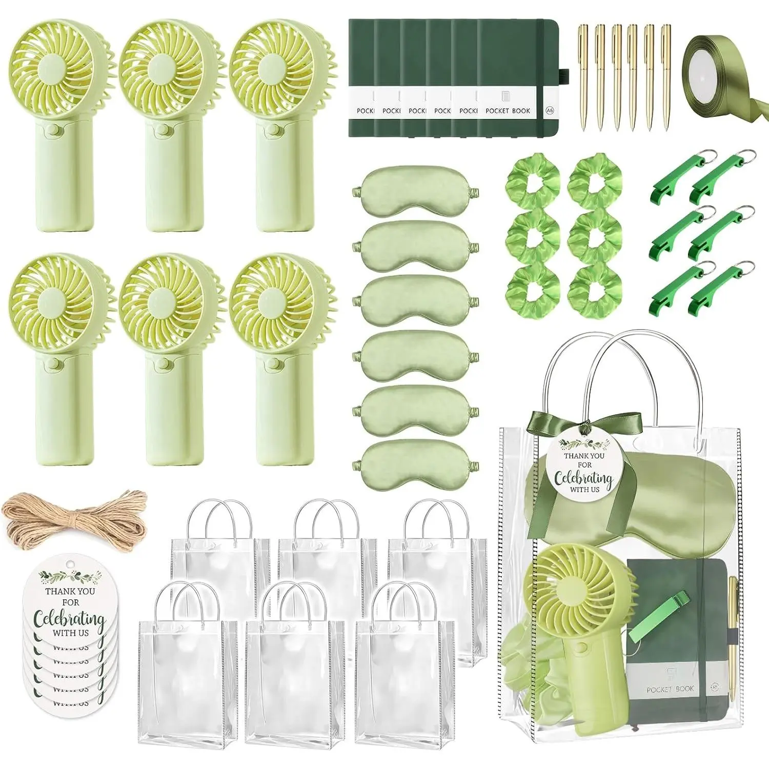 6 Set Summer  Shower Prizes for Guest, Green Handheld Fan Party Favor Set Thank You  with Notebooks, Ballpoint Pen, Eye Mask for  Shower Bridal Shower Wedding Party  Winners