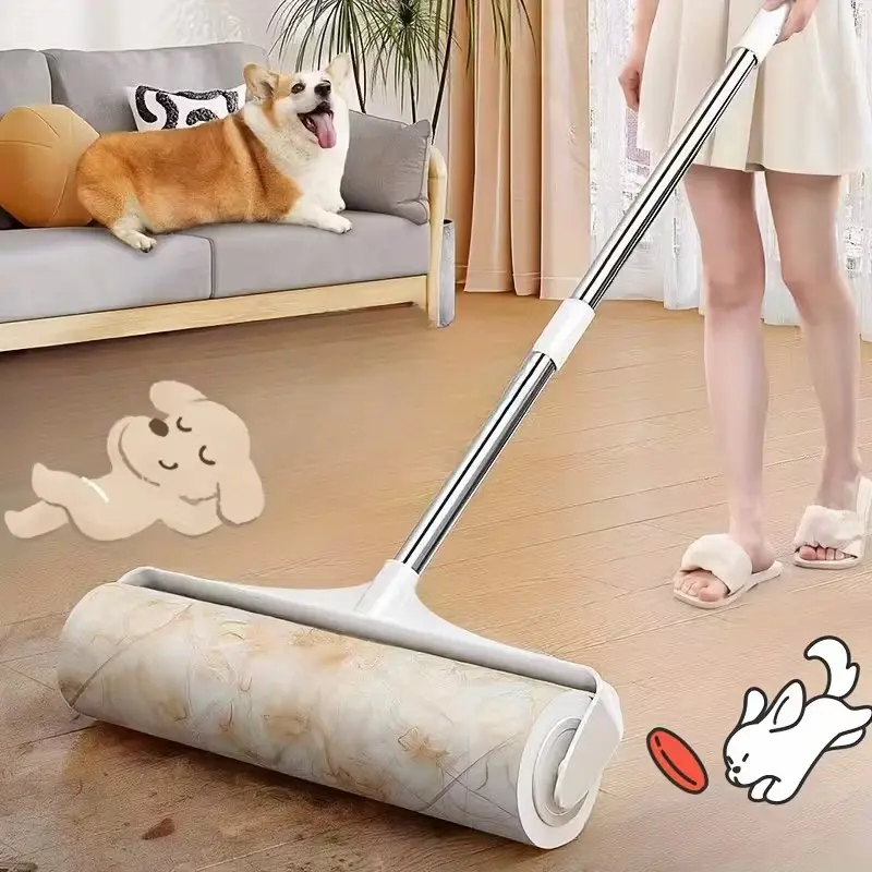 Four-Piece Set with Three Rolls of Paper and Long-Handled Lint Remover, Adjustable Clothing Hair Brush, Pet Hair Cleaner, Sofa Carpet Dust Roller
