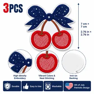 3pcs-1bag Cute 4th of July Embroidered Iron-On Patches 3 Pack Patriotic Cherry Bow Patches for Jackets