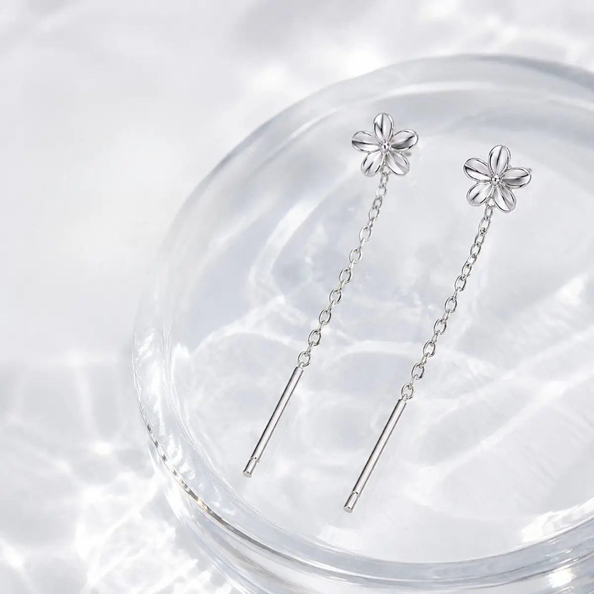 925 Sterling Silver Gardenia Threader Drop Earrings for Women Girls, 5cm Dainty Minimalist Long Chain Tassel Ear Line, Quiet Luxury Polished Floral Fashion Jewelry for Daily Office Date Night Wedding Party Birthday Anniversary Valentine Presents