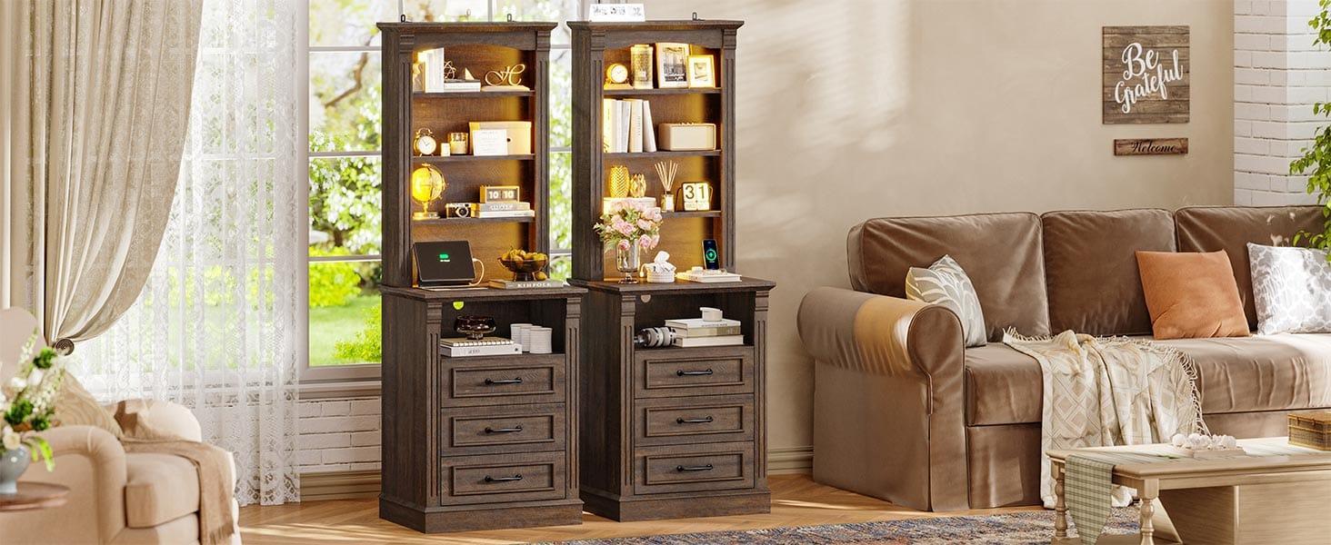 61 Inches Tall Nightstand with Charging Station and LED Light Walnut