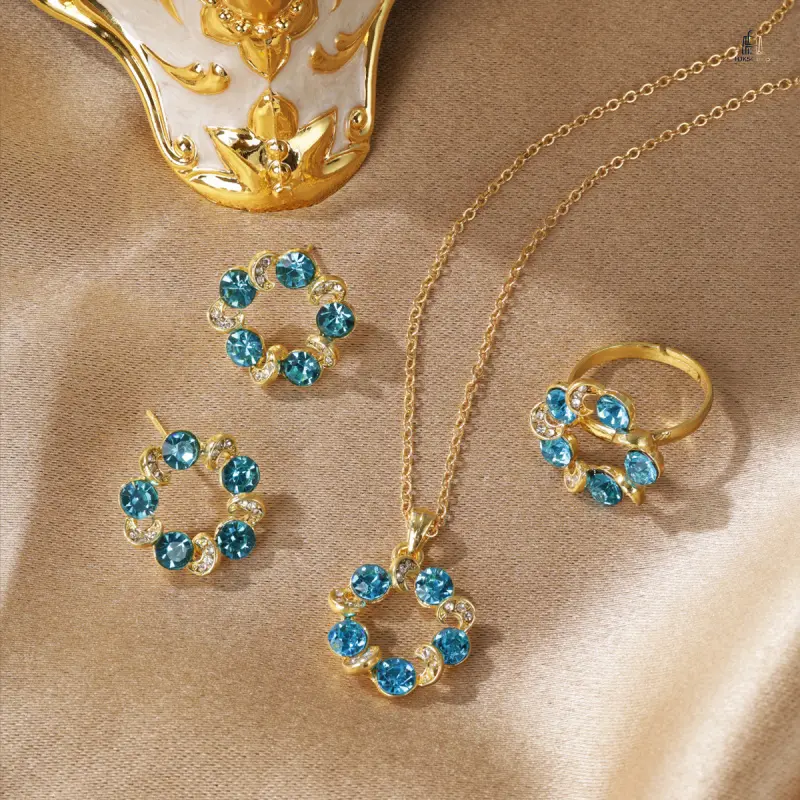 Multicolor Round Rhinestone Jewelry Set with Alloy Chain - Luxury Look Accessories, Set Includes Ring, Sparkly Necklace & Earring Combo for Daily, Party Wear, Multicolor Stones