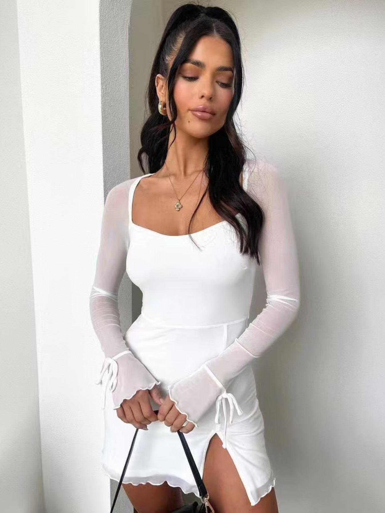 Women's Plain Sheer Bodycon Dress, Elegant Long Sleeve Short Dress for Parties, Club and Dates, Women's Dress