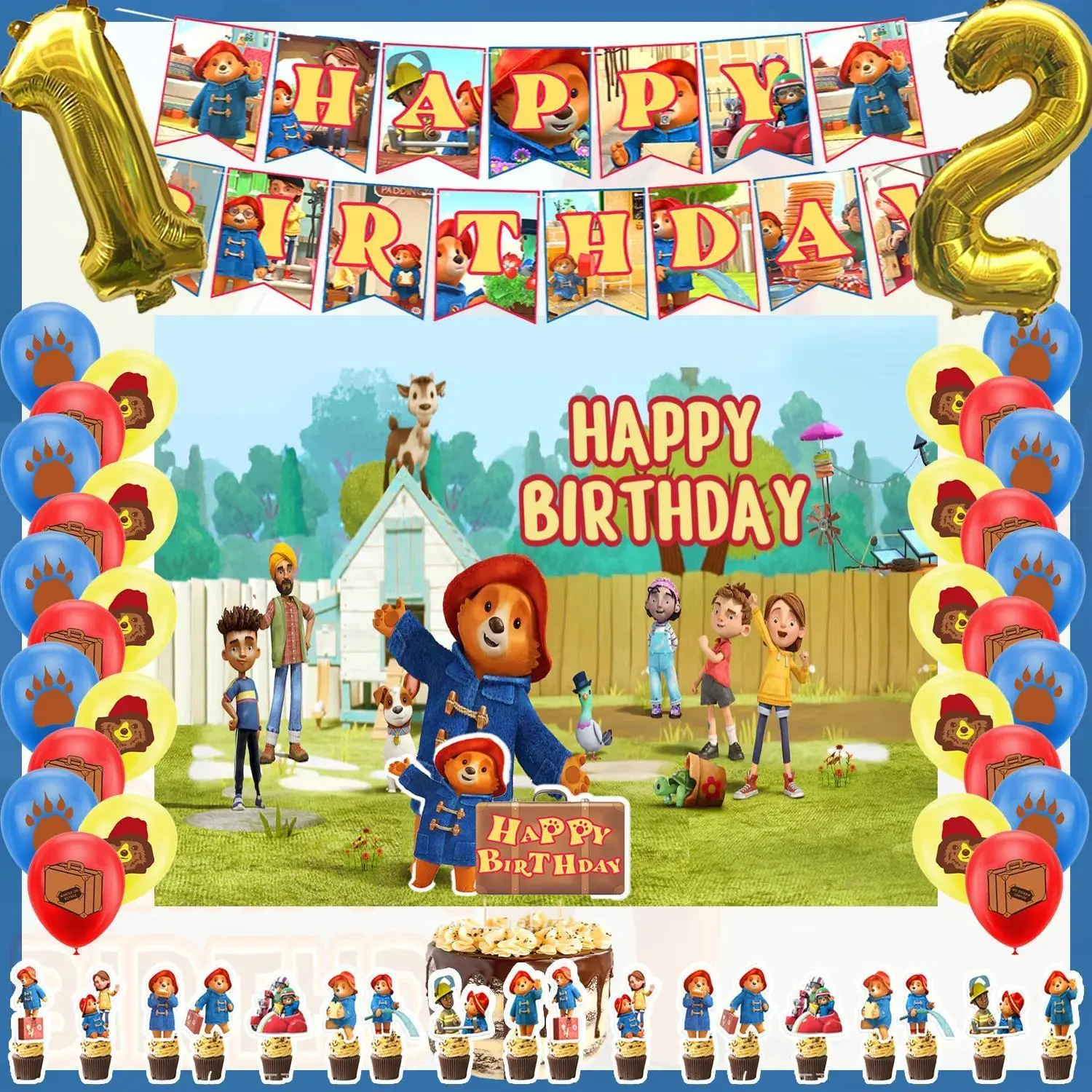 Cartoon&Paddingtons Party Supplies Happy Birthday Banner Bears Balloons Cupcake Toppers Backdrop Kids Birthday Baby Shower Gift