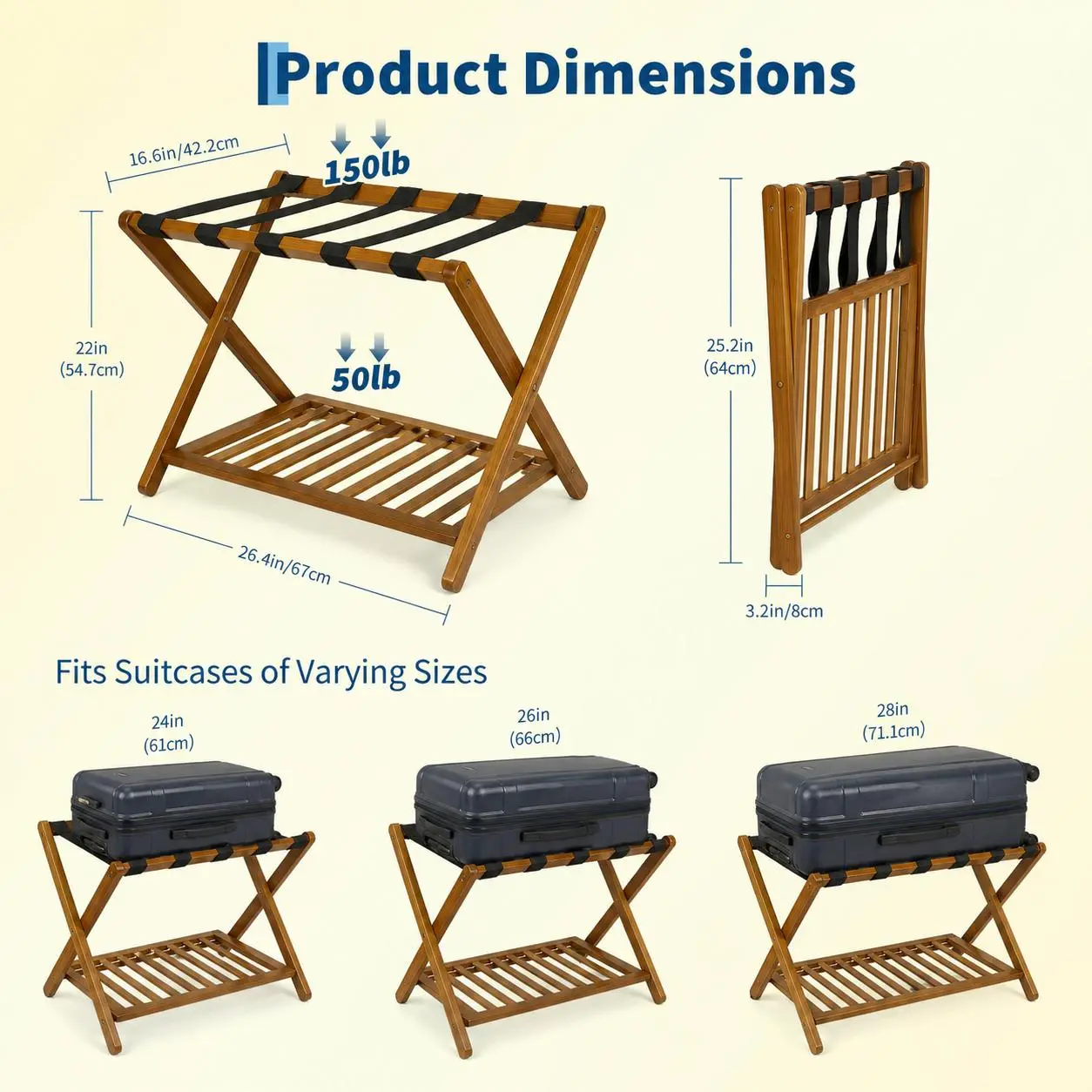 Wooden Folding Luggage Rack with Storage Shelf, Collapsible Suitcase Stand with Nylon Straps, 150 lb Capacity, No Assembly, for Guest Room/Bedroom/Hotel - Walnut/Brown
