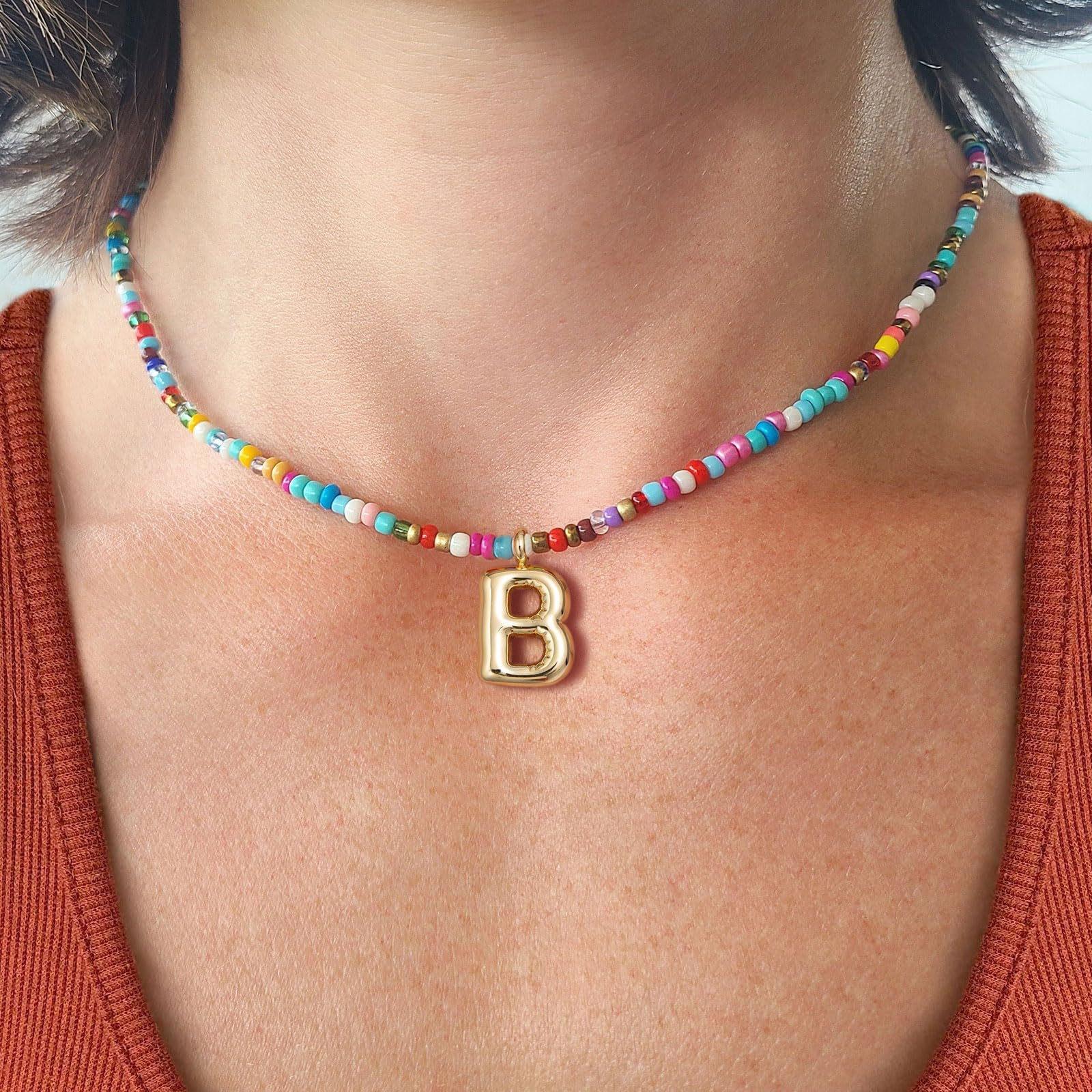 Jstyle Trendy vacuum 18k gold plated Colorful Letter Necklace for Women Bubble 26 Letter Necklace Handmade Beaded Necklace Dainty Cute Beach Boho Necklace