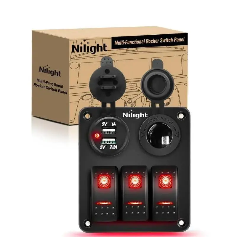 Nilight 3-Gang Aluminum 5-Pin ON/OFF Red Rocker Switch Panel, 12V DC Dual USB Charger (3.1A), Cigarette Lighter Socket for Trucks, Caravans, Jeeps, with DIY Stickers