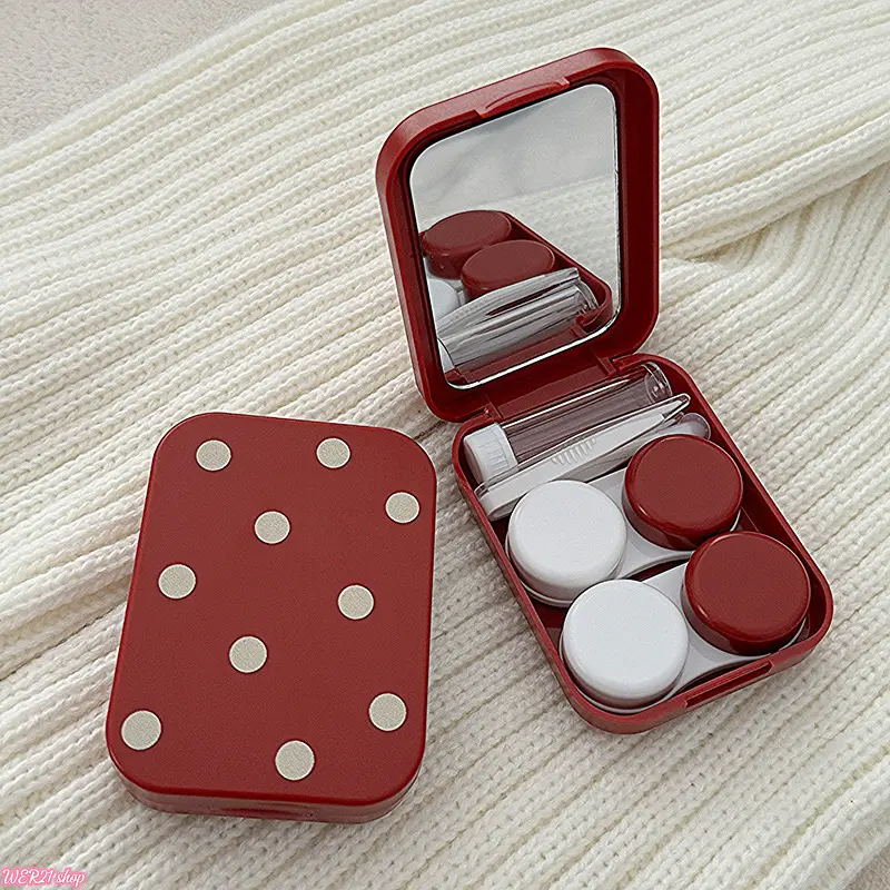 2PCS-Burgundy Polka Dot Contact Lens Case Holds Two Pairs, Cute Girly Portable Eye Contacts Storage Box, Compact Mini Beauty Organizer, Lightweight Travel Lens Kit for Daily Makeup, Weekend Trips & Girls Pocket Carry