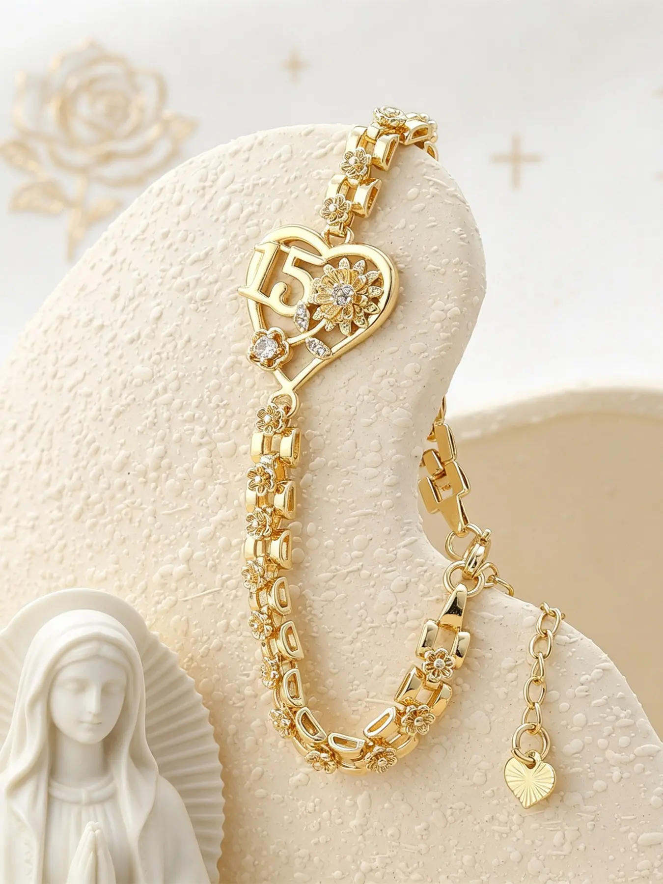 1Piece Quinceañera 15 Años Heart Bangle,CZ Stone Rose & Sunflower Charm, Religious Inspired Milestone Jewelry, Elegant Flower Bracelet for Teen Girls, Perfect 15th Birthday Gift, Ideal for Quinceañera Ceremony&Party, Meaningful Coming-of-Age Keepsake