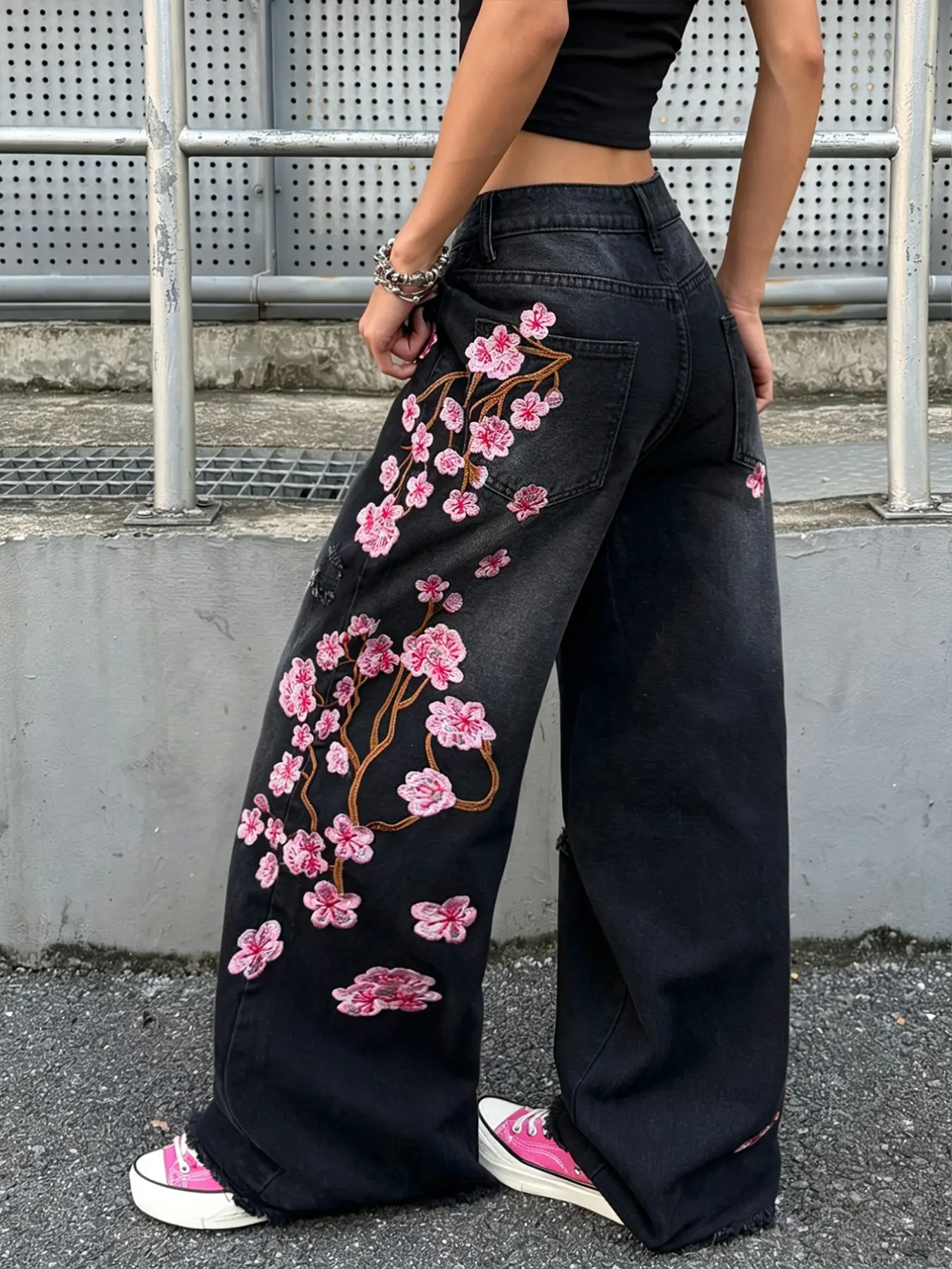 Chic Cherry Blossom Embroidered Jeans, Y2K Streetwear Loose Fit Wide Leg Pants, Unique Frayed Hole Design, All-Season Casual Long Trousers