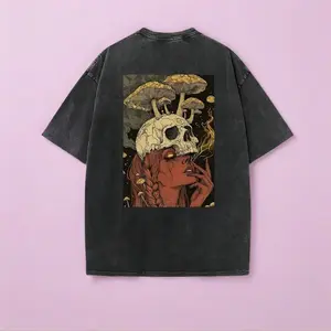Men's 230g Heavy Washed Vintage T-Shirt With Skull & Mushroom Print, Light Blue Loose Fit Streetwear Tee, Soft Durable Casual Top For All Seasons, Perfect For Daily Outings, Outdoor Activities & Holiday Looks, Ideal Gift Choice For Men & Teen Boys