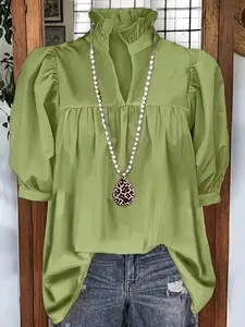 New Summer Short Sleeve Shirt Blouses, Plain Color Ruffle Neck Bubble Sleeve, Loose-Fit Chic Casual Top, French Tuck Style, Teacher & Office Wear