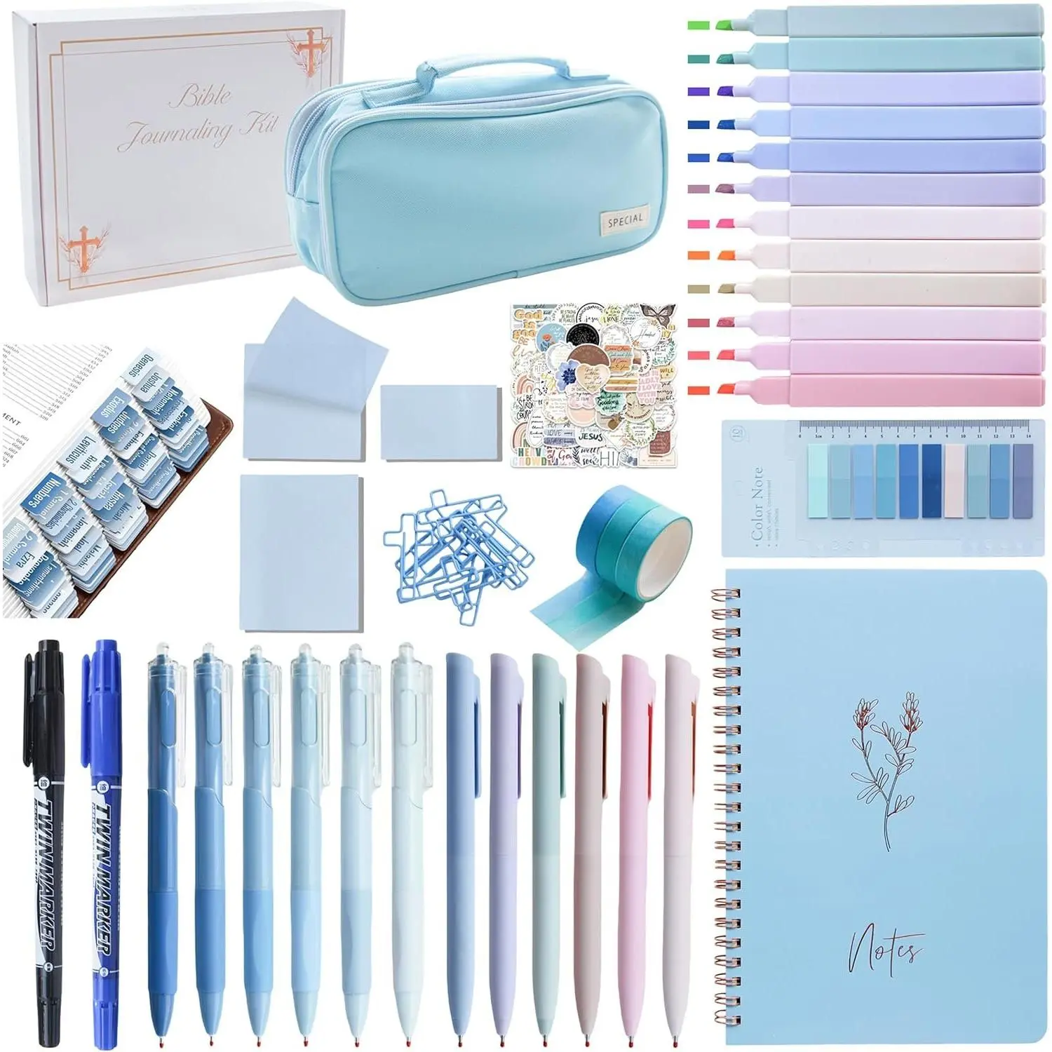 170 count Complete  Study Supplies Journaling Kit with Tabs, Highlighters and Color Pens, Notebook,Stickers &   Accessories Set for Women, Beginner Christian Gifts(Blue)