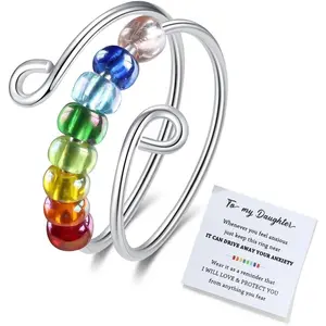 Adjustable Stacking Fidget Ring for Anxiety Relief - Rainbow Ring Jewelry Gift for Women Daughter
