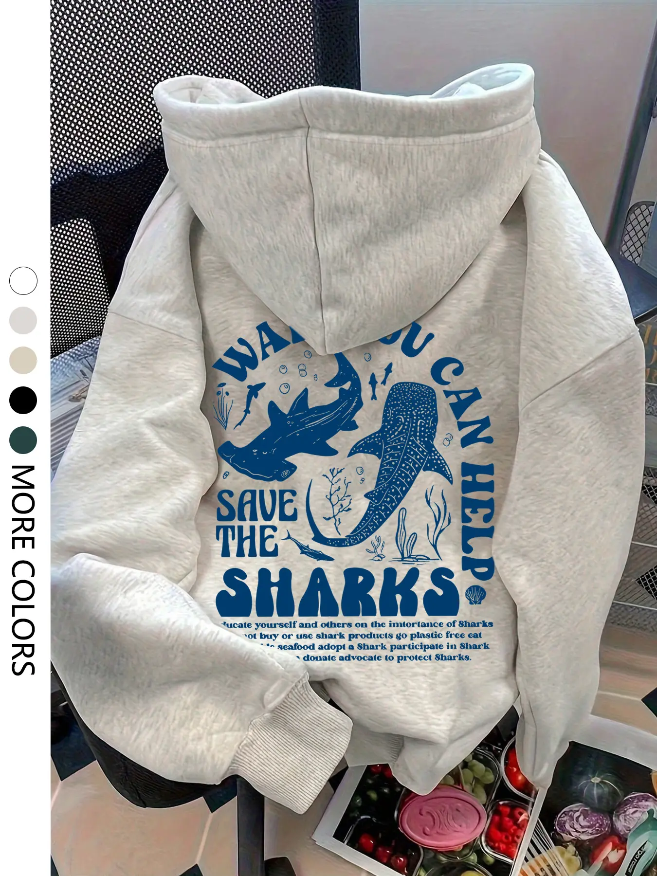 WAYS YOU CAN HELP SAVE THE SHARKS-Women's Ocean Print Drop Shoulder Long Sleeve Hoodie, Casual Drawstring Pocket Sweatshirt, Fall Winter Outerwear, Daily Holiday Wear, Tops