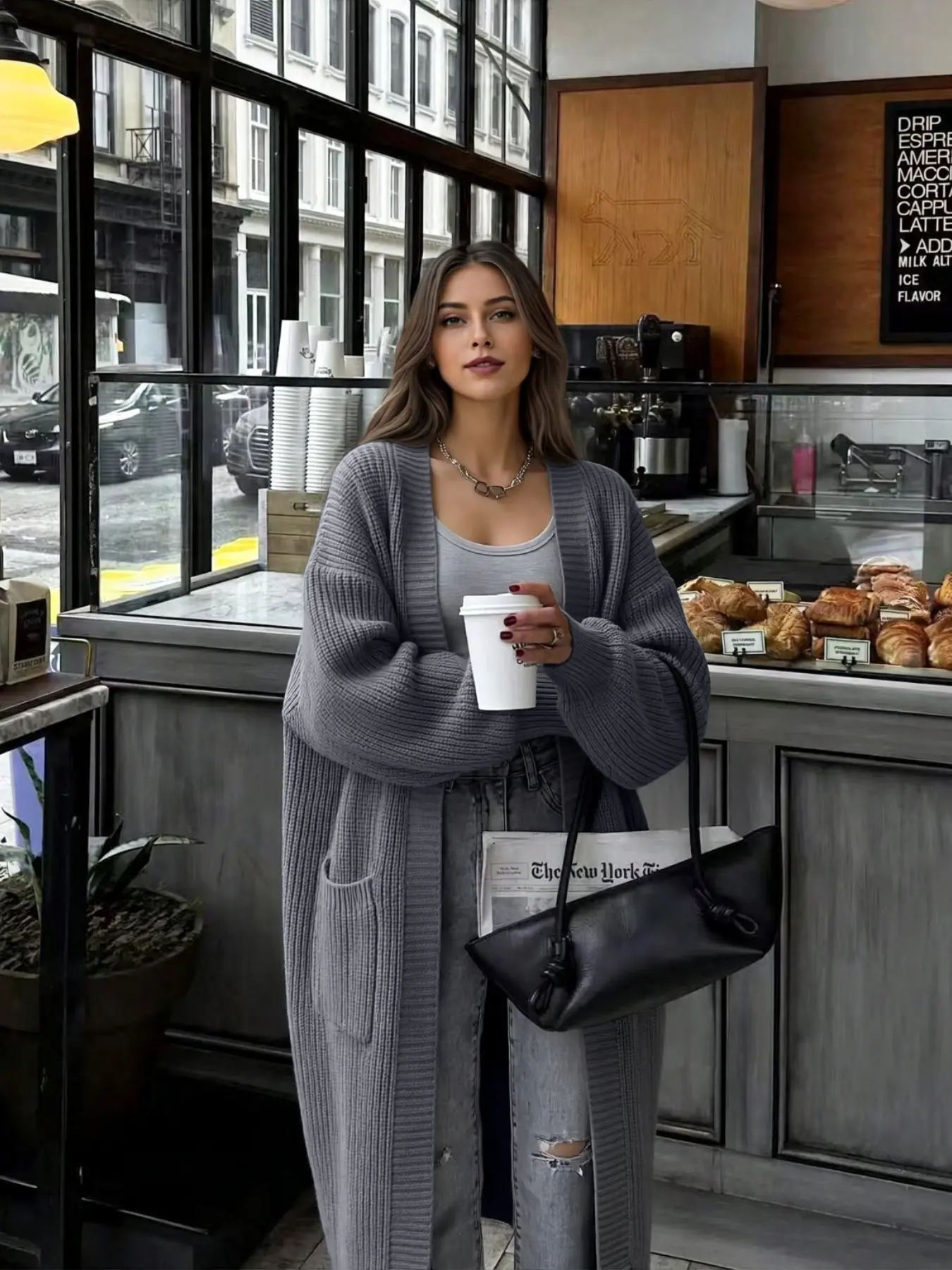 Women's Solid Color Casual Long Sleeve Drop Shoulder Loose Knit Coat, Fall Winter Outerwear, Comfortable and Stylish Design