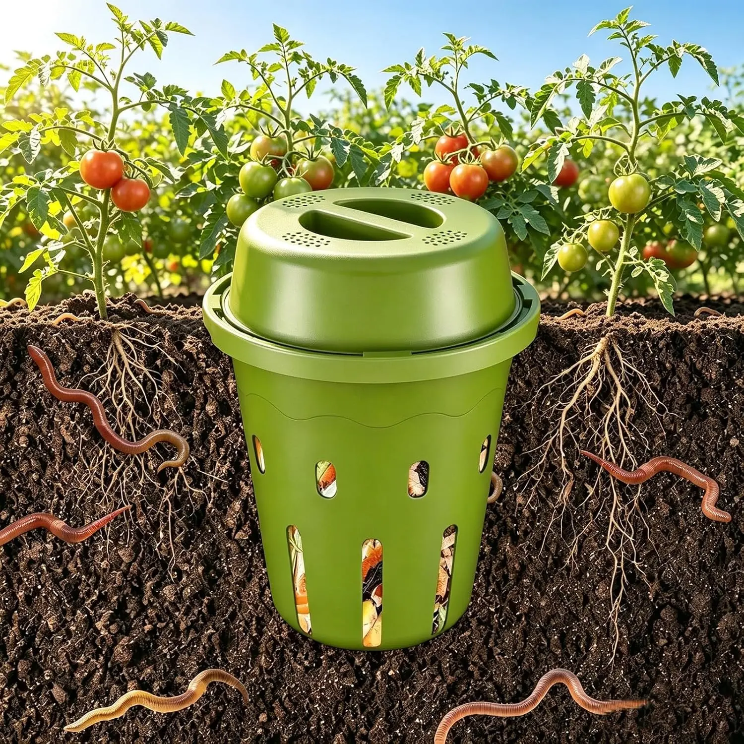 Mini Inground Worm Composter, 3L Underground Worm Farm with Aeration & Animal-Proof Lid, Organic Vermicomposting Container for Garden, Raised Beds & Yard, Easy for Beginners, Green