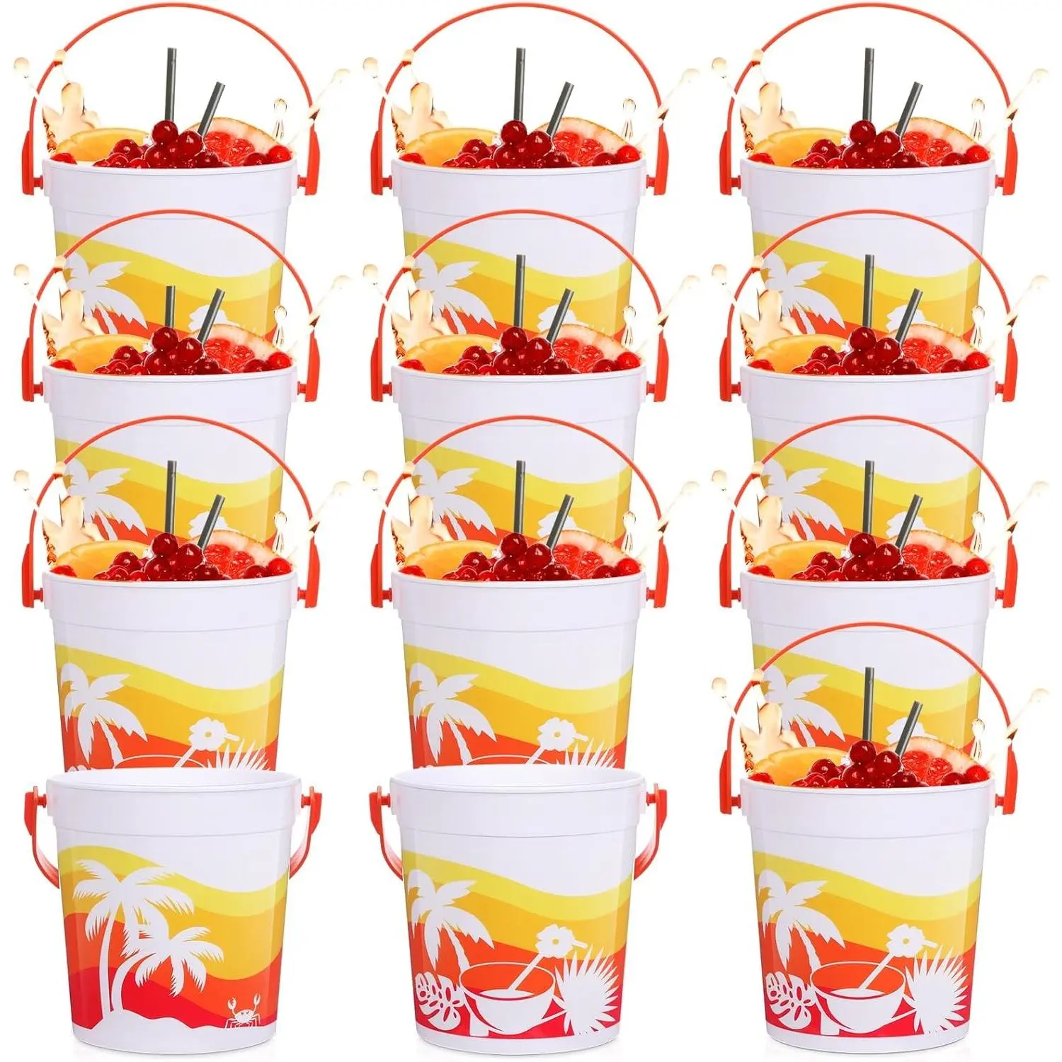 Lallisa 12 Pcs 32oz Cocktail Rum Buckets for Drinks 4.69 x 3.78 x 4.8 Inches Plastic Bucket Drink Buckets for Parties with Handles
