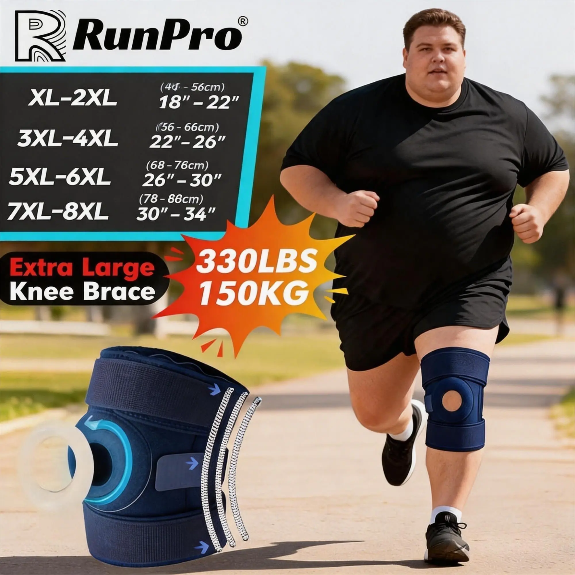 1 Pc - Adjustable Extra Large Knee Brace, Plus Size Heavy Weight Knee Support With Non Slip Strip, Blue Oversized Knee Brace, Xl-8xl, Suitable For Weight: 60-150kg/130-330lbs