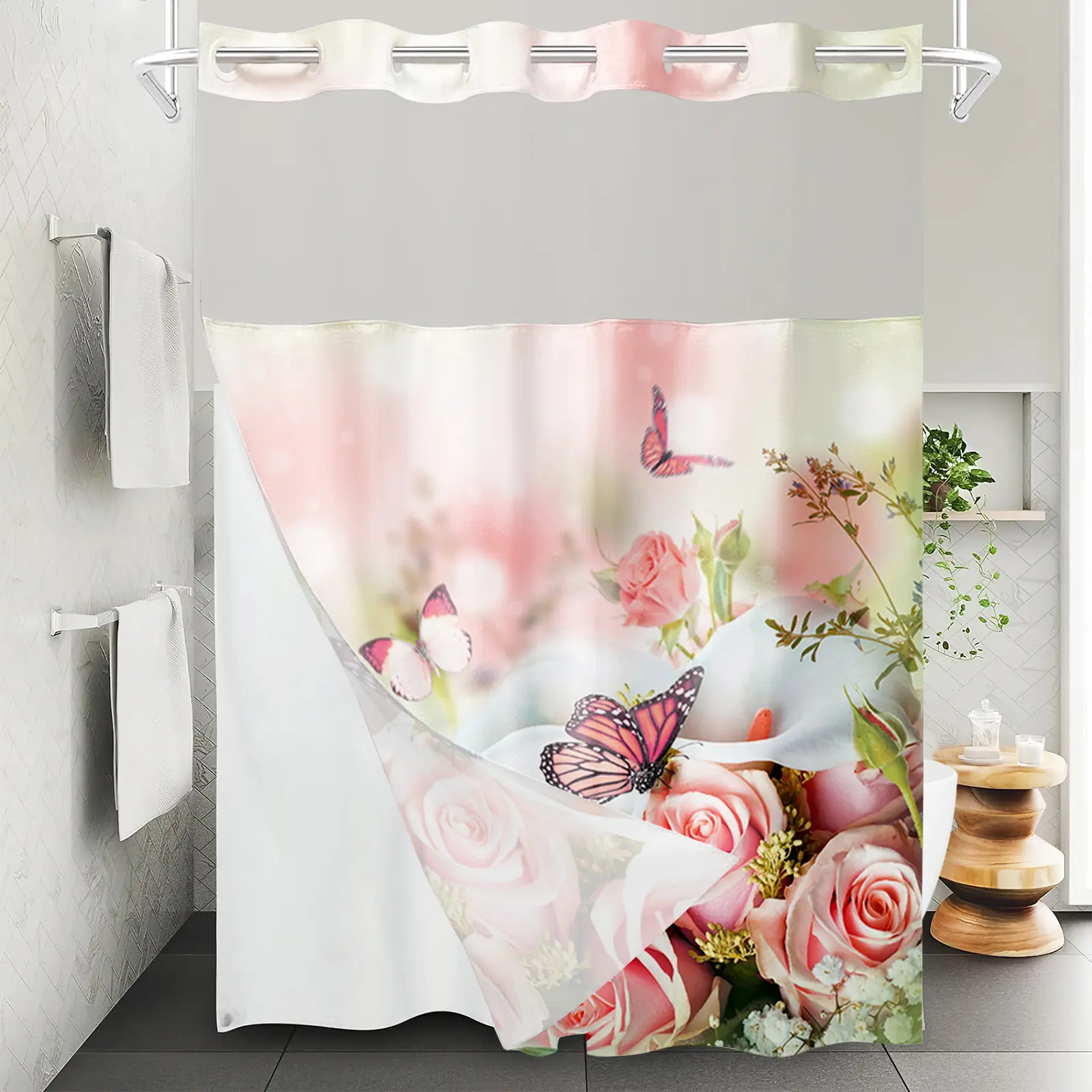 Snap Button Hookless Digital Print Waterproof Shower Curtain with Embedded Fabric Liner Set Lin Shower Curtain Partition showerliner modern decor set luxurious cortinas