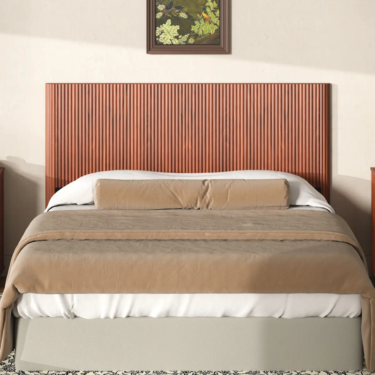 Rustic Vintage Farmhouse Queen Size Headboard - Walnut Wave-Shape Curved Edge MDF with Iron Metal Frame, Easy Assembly Required, Fits Most Standard Queen Bed Frames for Bedroom