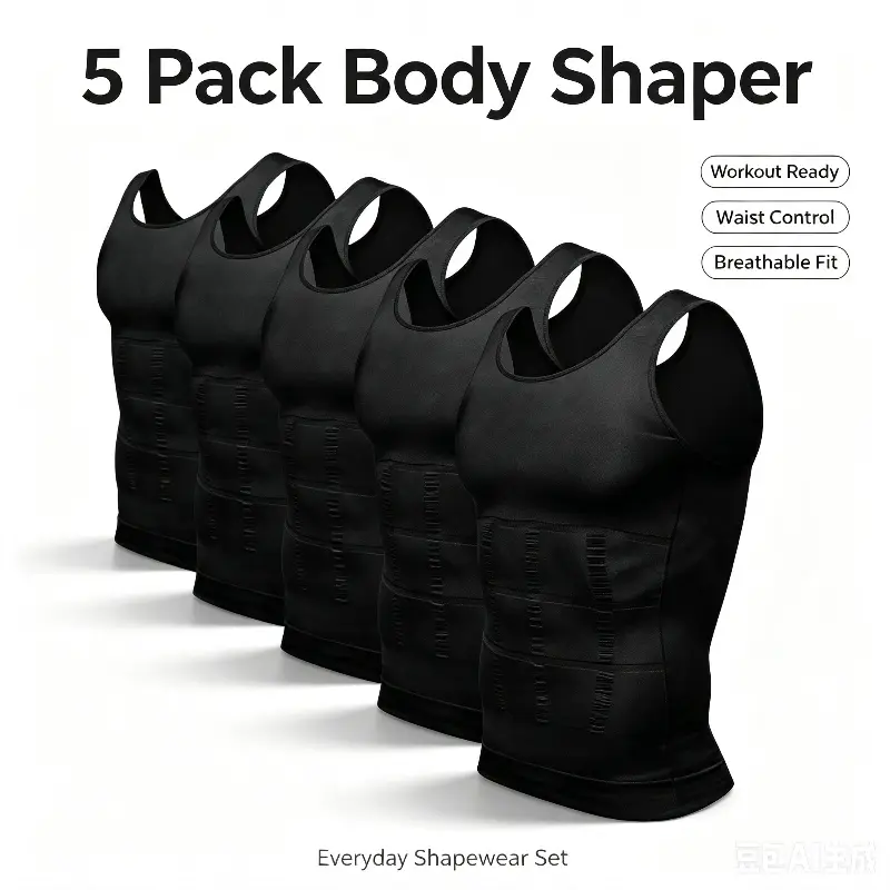Men's 5-Pack Tummy Control Compression Shapewear Tank Top, Menswear Slimming Undershirt, Festive Holiday Gift Idea for Him