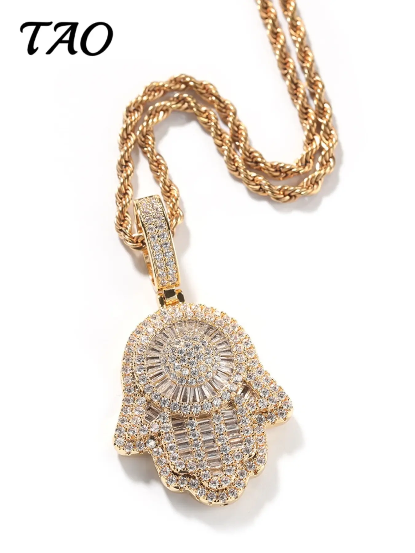 TAO-Creative Zircon Necklace, Fatima Hand Pendant, 24-Inch Braided Chain, Hip Hop Style, Luxurious and Versatile, All Seasons Jewelry