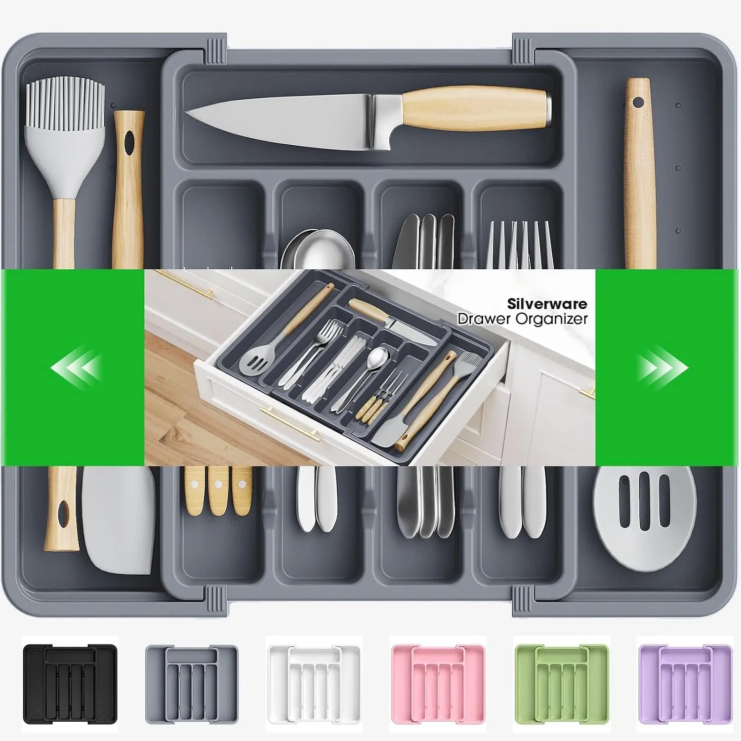 Silverware Organizer,Adjustable & Expandable Drawer Organizer | Utensil Drawer Organizer,  Utensil Holder, Cutlery Tray for Forks, Spoons,  in Kitchen, Medium, Grey