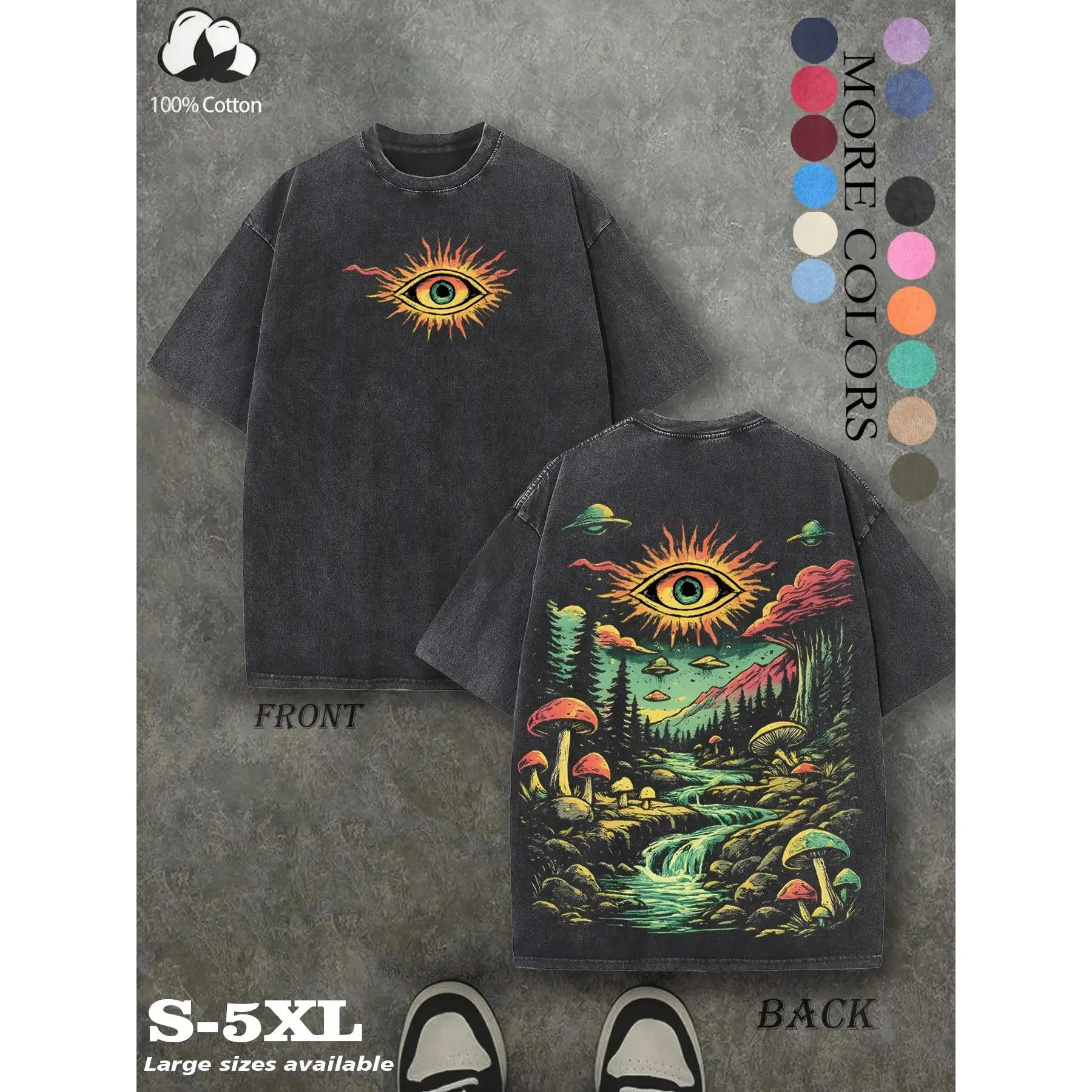 Thick Unisex Water-Washed Heavyweight Cotton Graphic T-Shirt - Baggy Relaxed Fit Retro Alternative Metal Band Streetwear Top, Casual Commute Garment Gift for Men Women, Prints, Textured, Menswear, Short Sleeve, Apparel