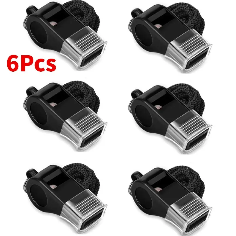 6pcs Plastic Sports Whistles with Lanyard, High-Pitched No Core Referee Whistle, Coach Training Emergency Survival Whistle