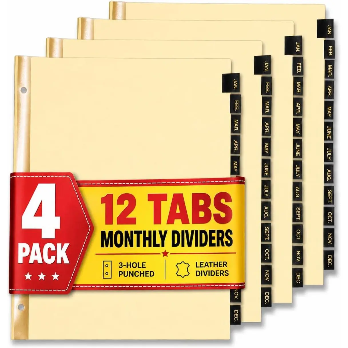Monthly Tab Dividers, Month Tabs for 3 Ring Binder, Monthly Leather Dividers, 12-Tab, Black, (4 Pack)