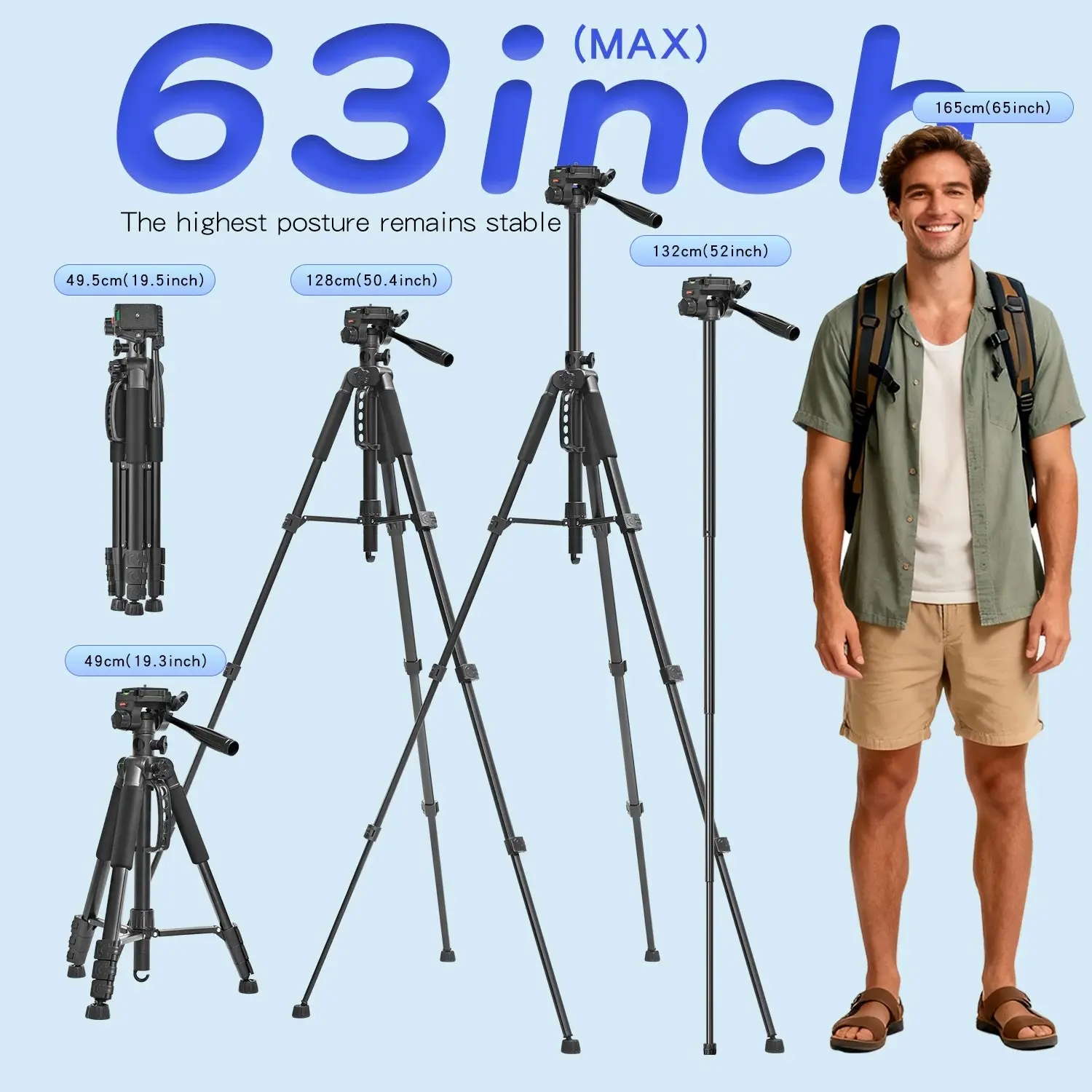 63"/160cm Video Tripod Monopod, 3-Way Pan Tilt Head, Overhead Camera Mount, Horizontal Center Column, Phone Holder for Vlog, Live Streaming, Video Recording