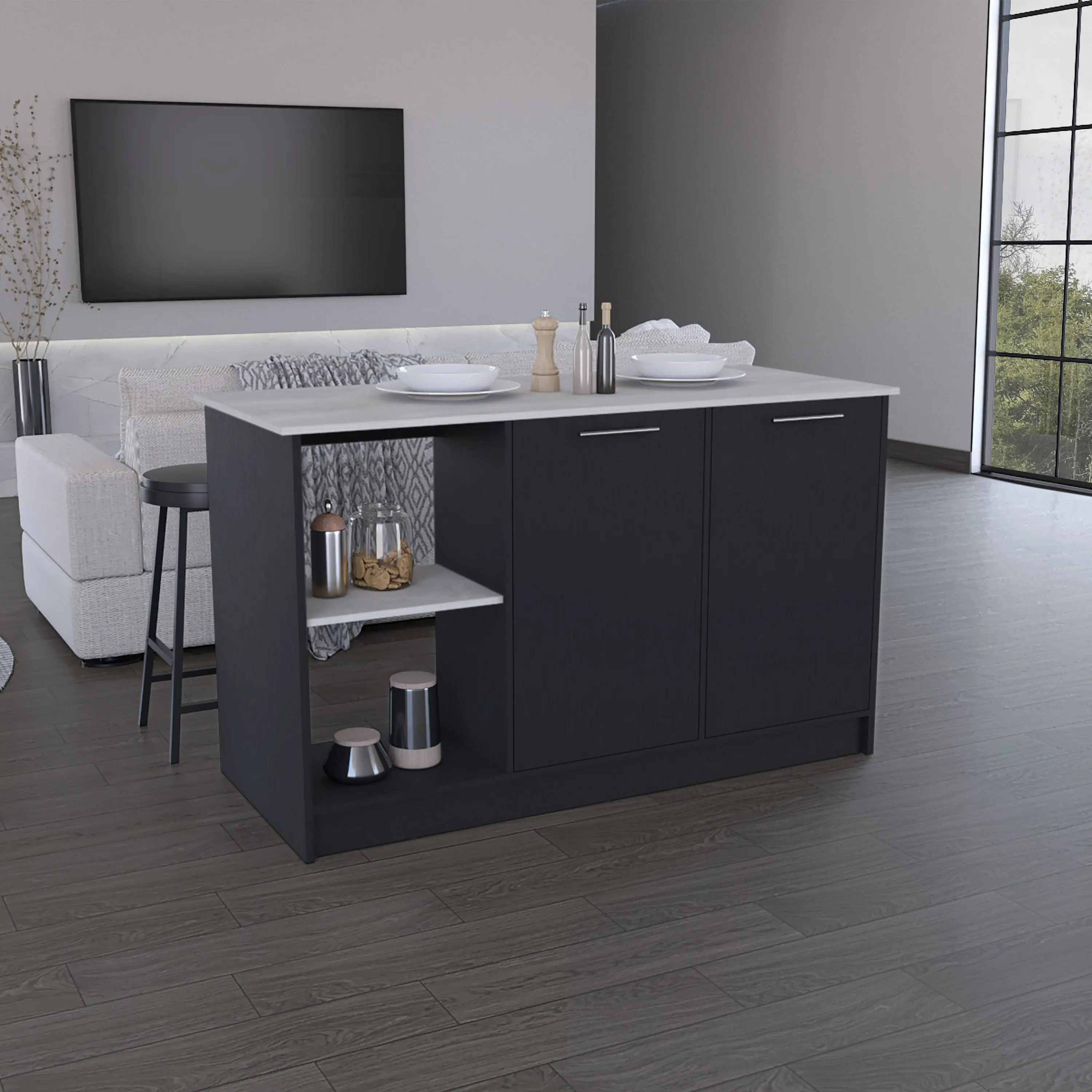 Nokaa Kitchen Island with Large Countertop, Double Door Cabinet & Open Shelves, Engineered Wood, Black, 59W x 25.2D x 35.4H, Freestanding Storage Cart for Dining Room, Kitchen Organizer, Pots & Pans Storage, FSC Certified