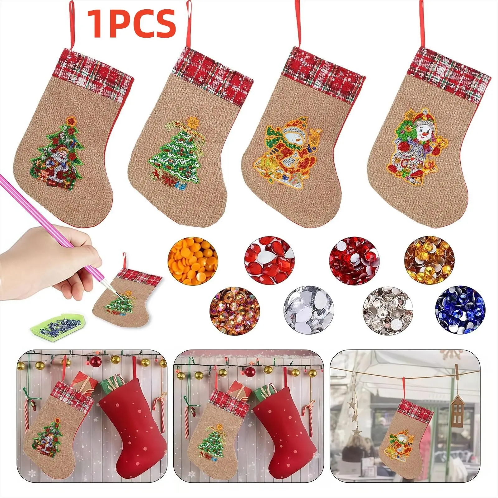 Diamond Mosaic DIY Art Craft Christmas Sock Set, Home Decor Hanging Ornaments, Storage for Christmas, New Year Gifts