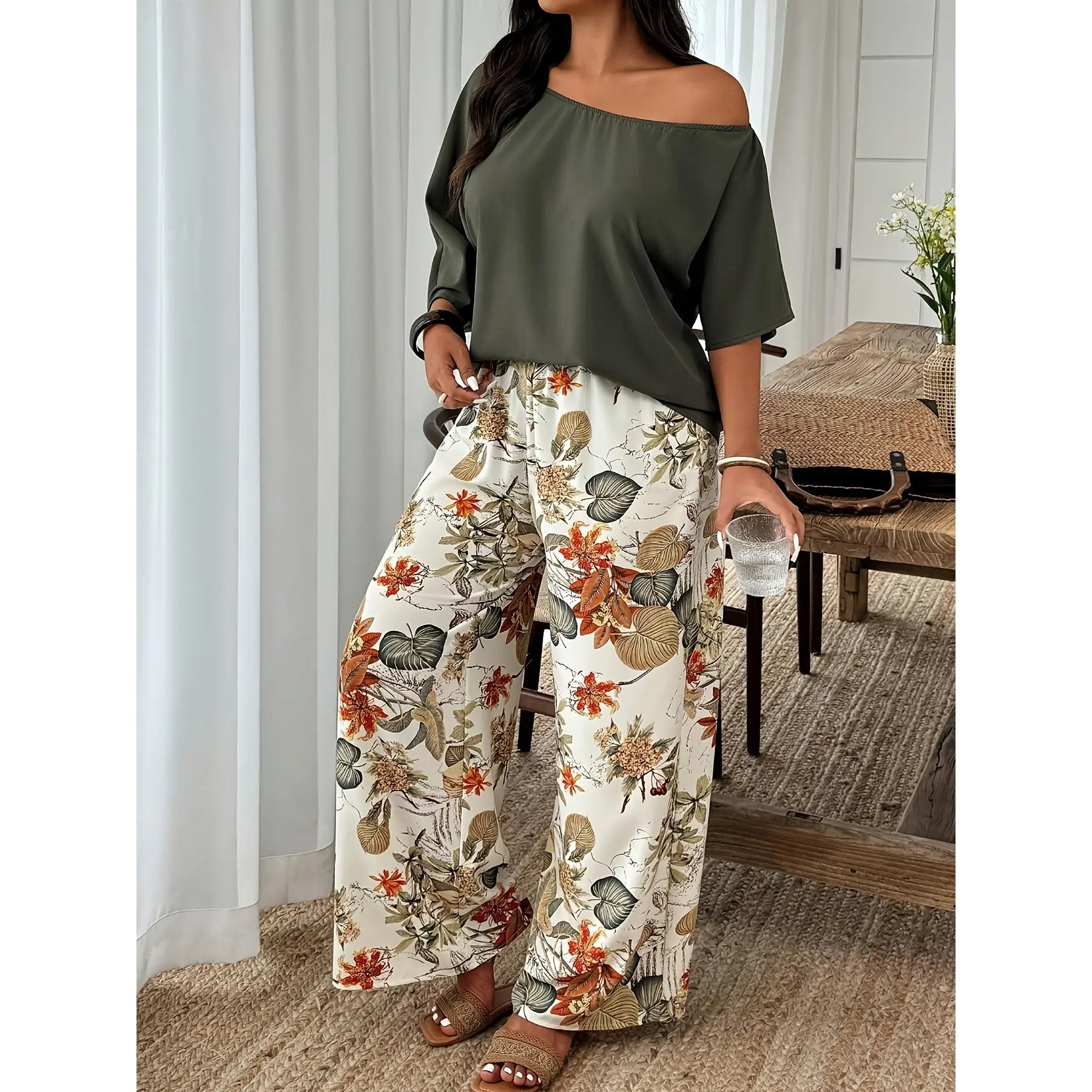 Curvy Friendly Summer Co Ord Set Oversized Plain Top Flowy Printed Wide Leg Pants Trendy Comfortable Holiday Travel Wear