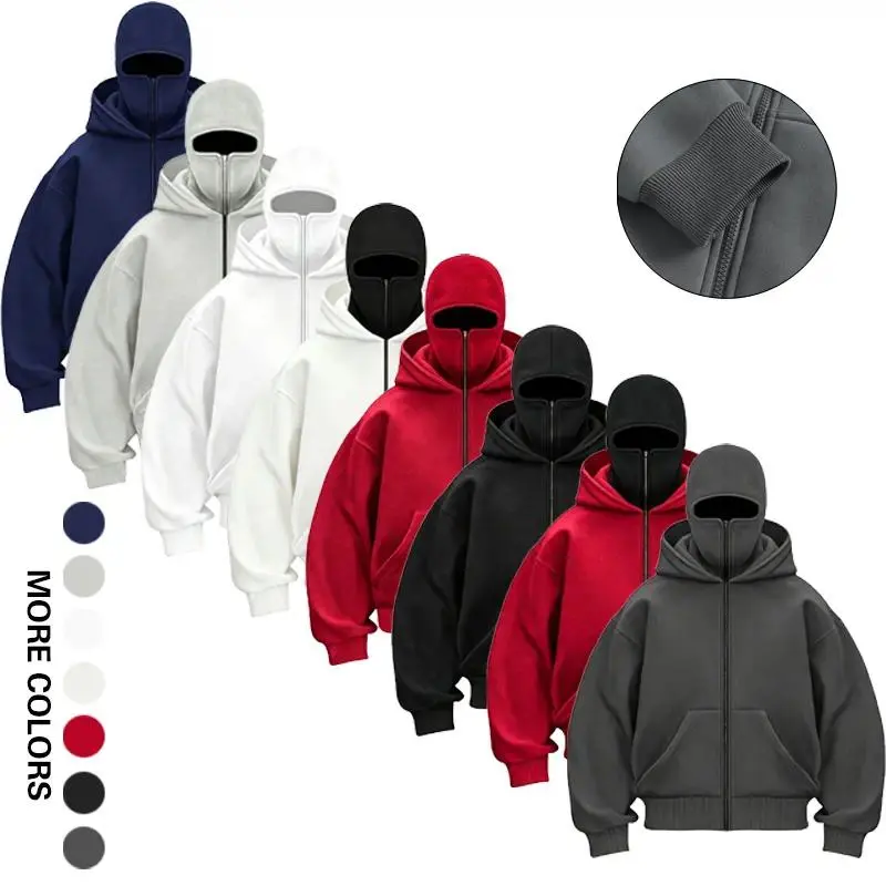 Men Women Balaclava Hoodie Full Zip Up Double Hood Oversized Streetwear Hooded Sweatshirt Multi Colors Menswear Tops
