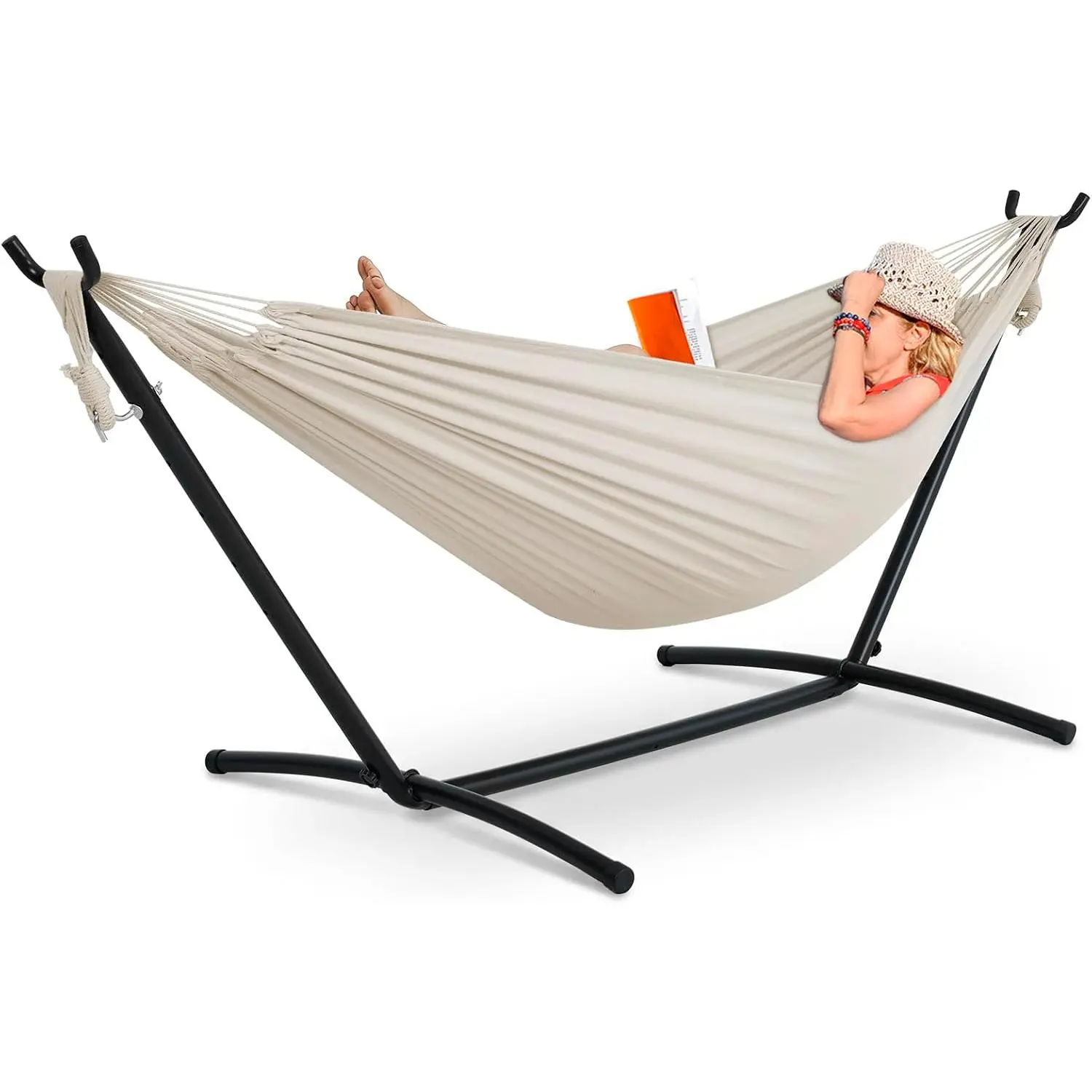 Portable Hammock with Stand, Free Standing Hammock for Indoor Outdoor Patio Yard, 9ft Steel Frame, 2 Person, 450 lbs Capacity, Includes Carrying Bag and Pillow, White