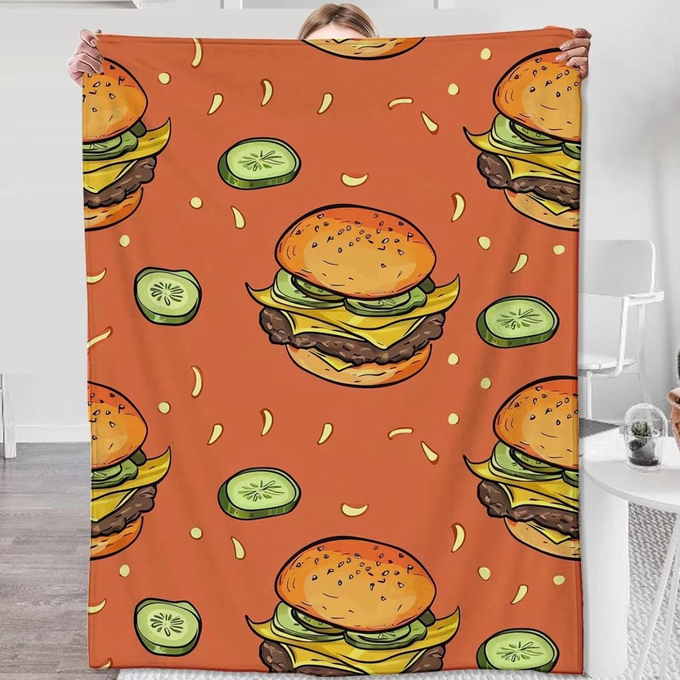 Cheesy Burger & Cucumber Cartoon Flannel Throw Blanket | Fast Food Funny Burger Lover Cozy Lightweight Bed Sofa Blanket Gift