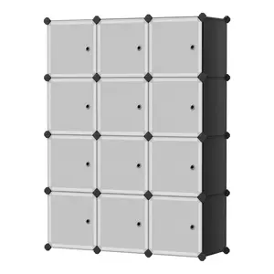 Breathable & Organized Modular Storage Cabinet - 12-Cube Organizer with Doors - Ideal for Clothes, Toys, Shoes, Bedroom or Living Room - Color: White/Black