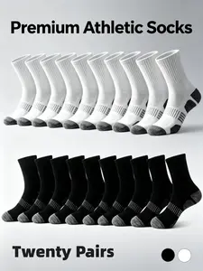 20 Pairs Men's Cushioned Sports Crew Socks, Breathable Arch Support, Durable Toe Heel, Quick Dry Sweat Wicking, Ideal for Running, Hiking, Basketball, Fitness, Outdoor Activities