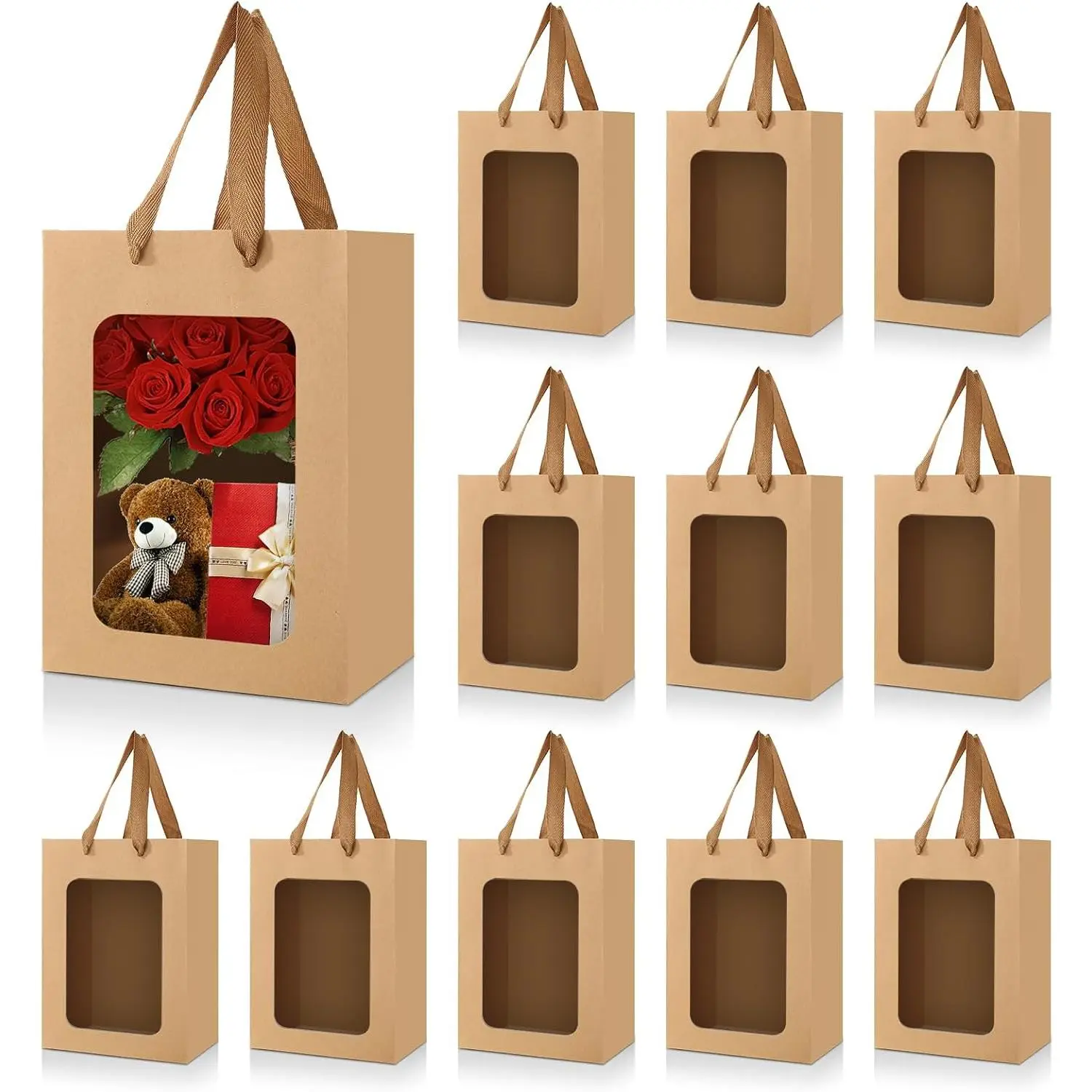 12 Pack Paper  Bags with Clear Window 9.8 x 7.1 x 5.1 Inch  Wrap Bags  Shopping Bags with Handles for Flower Bouquet, Present,Mother's Day,Wedding