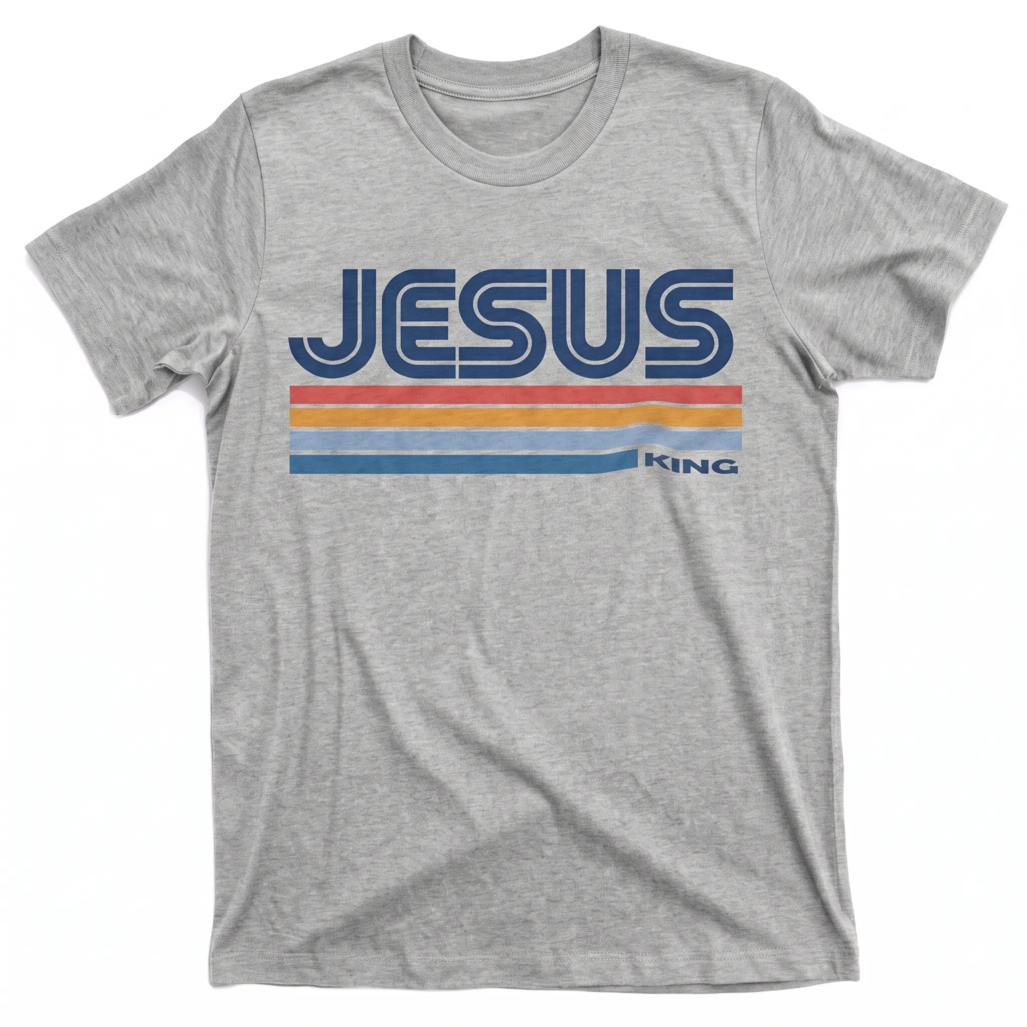 Unisex Light Denim Short-Sleeve Retro Stripes Jesus King Graphic T-Shirt - Vintage Christian Faith Streetwear, Religious Garment, Inspirational Bible Gift For Men, Cotton Church Outfit LK00129TD, Vintage Style, Comfortable