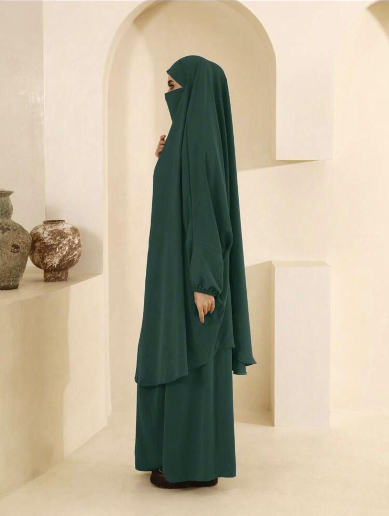 Elegant 2pcs Muslim women’s jilbab Abaya set soft, Breathable polyester, solid color long sleeve perfect for outings comfortable loose fit for all body type