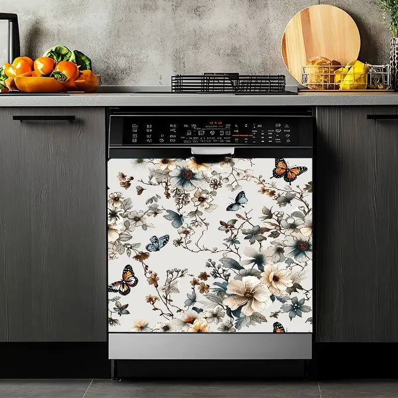 2D Flat 2Pcs Dishwasher Decorative Magnetic Cover Panel Butterfly Floral Pattern Sticker Removable Self Adhesive Kitchen Appliance Front Door Decal Vintage Flower Art Home Decor Washable Waterproof Refrigerator Cabinet Laundry Room Accessories