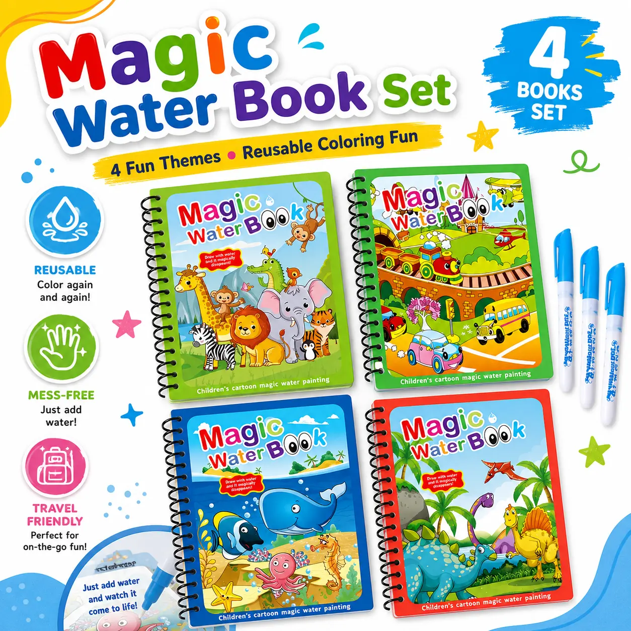 4 Pack Unisex Spiral-Bound Reusable Animal Water Coloring Books for 2-5 yrs Toddlers, Mess-Free Water Pens (No Battery Needed), Screen-Free Educational Art Toy, Perfect Travel Companion for Car/Airplane Trips, Holiday Birthday Gift