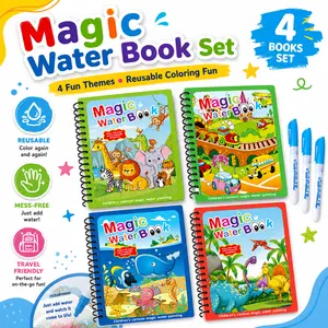 4 Pack Reusable Water Coloring Books for Toddlers Mess-Free Paint with Water Magic Doodle Pen Portable Educational Drawing Toy Travel Toys for Kids Car Airplane Road Trip Essentials No Mess Sensory Activity Birthday Gift Ages 2-5